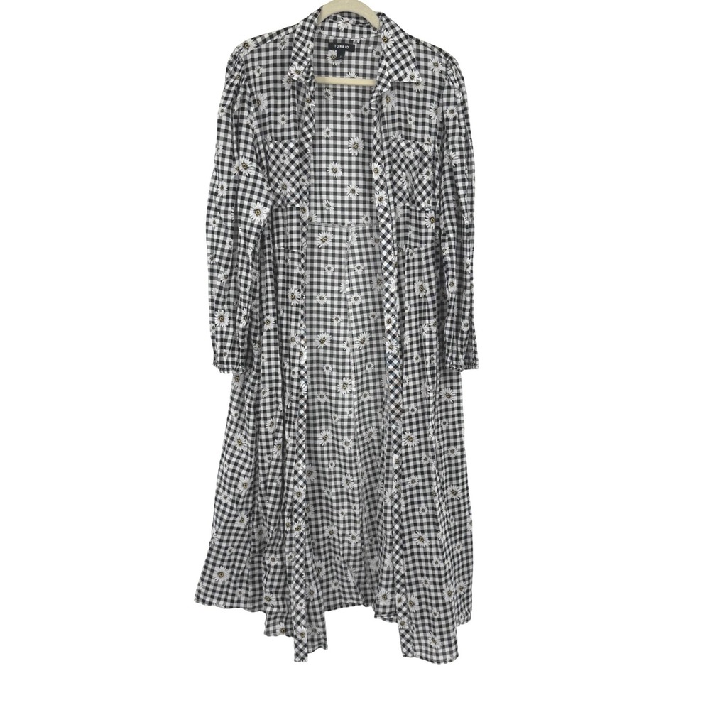 Torrid Duster Kimono Women 2 Black Gingham Daisy Floral Long Sleeve Button Front